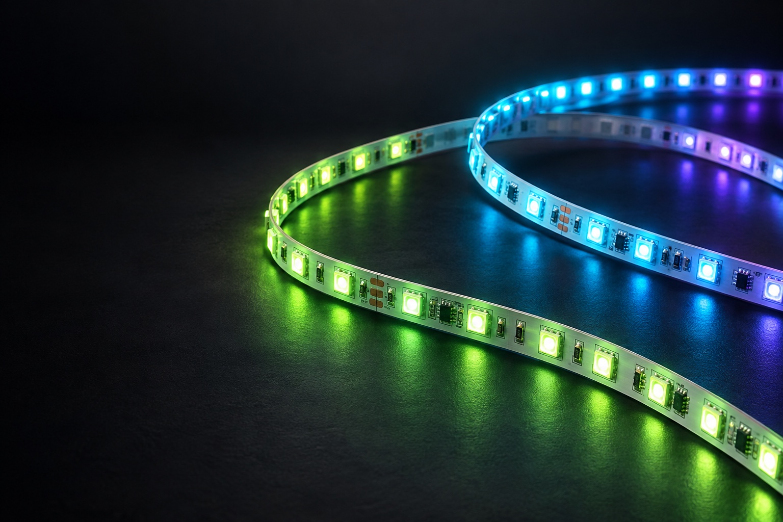 Illustrative lighting concept showing curved green and cyan LED strips