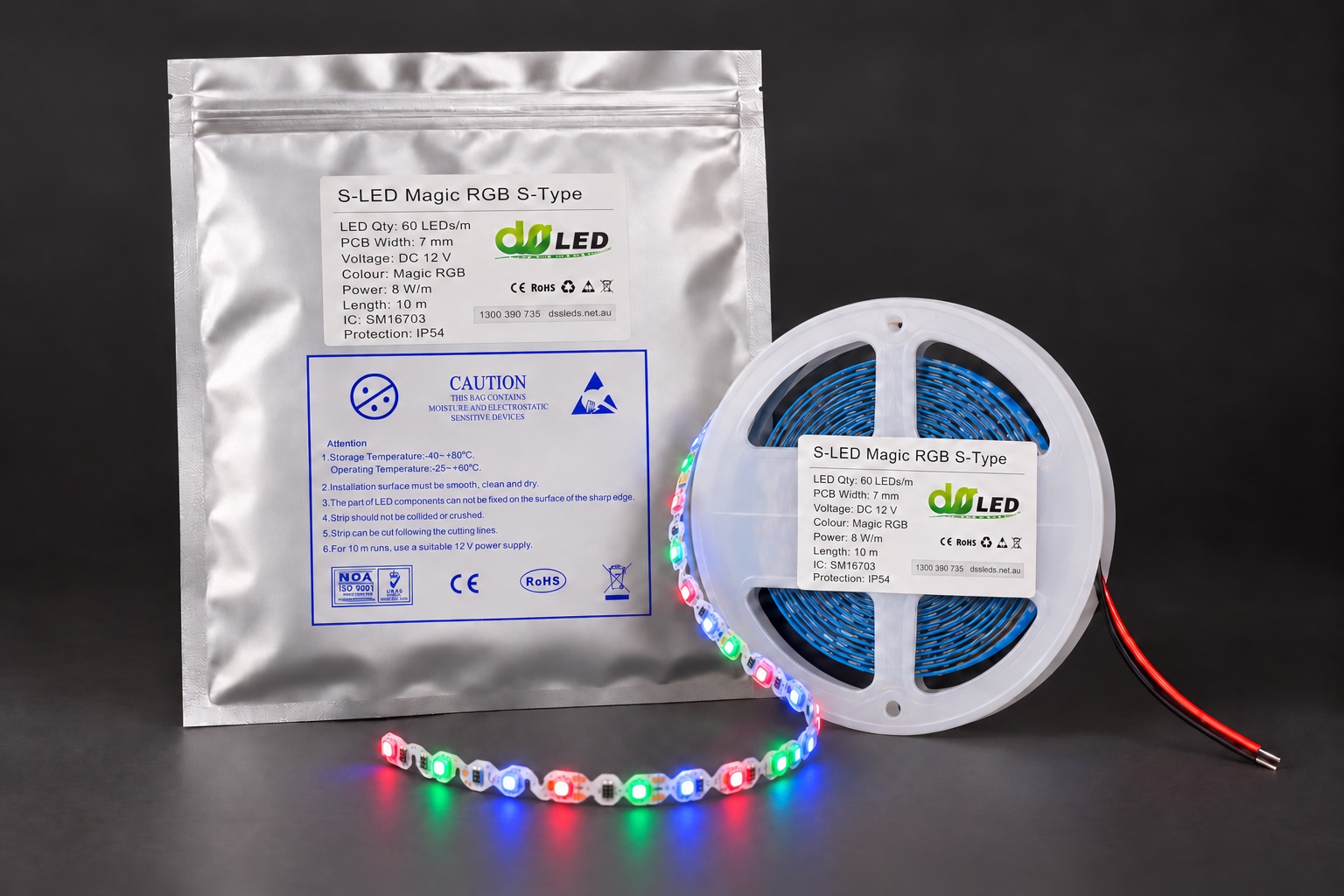 DSS LED branded studio composite of the 10 m Magic RGB S-type LED strip reel and packet